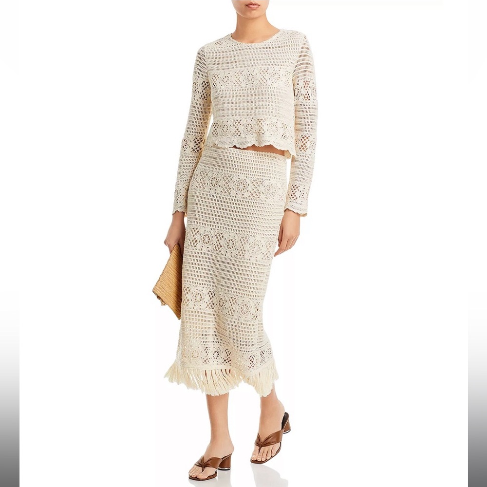Aqua Cream Crochet Two-Piece Top and Skirt Set